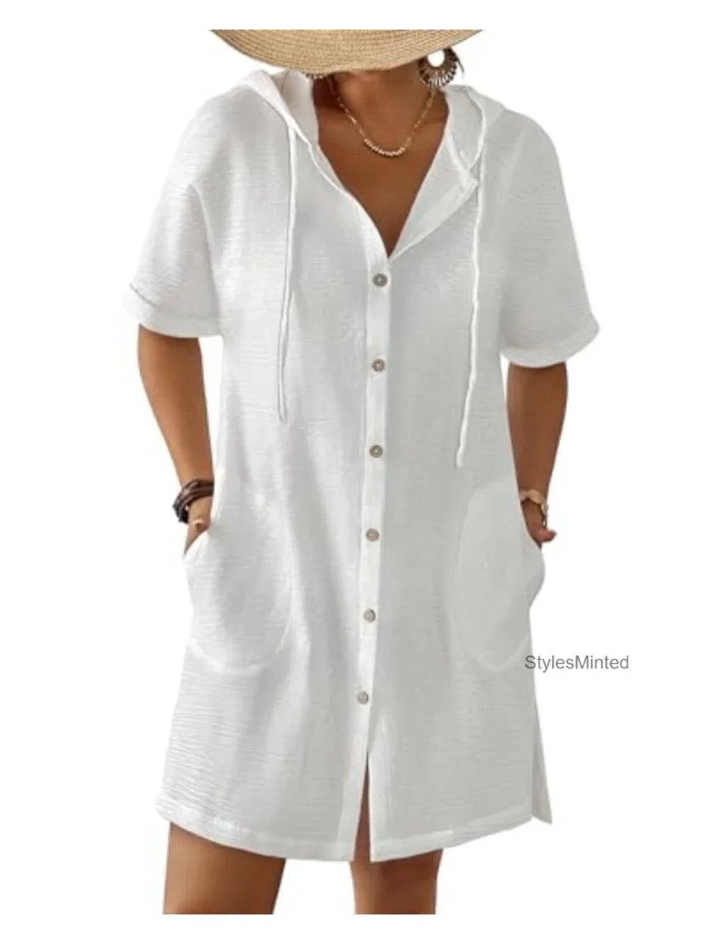Women's Hooded Swim Cover Up Shirt Beach Dress Button Down Short Sleeve Pockets